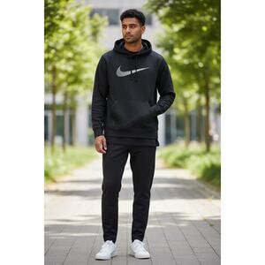 Nike Therma-FIT Hoodie Medium Black Center Swoosh Mesh Lined Hood Pullover